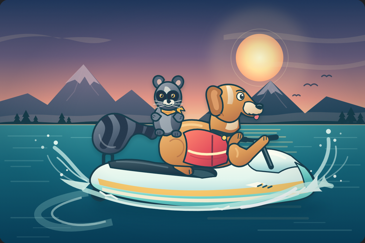 Space Bunny’s SVG of a raccoon riding on a dog steering a jet ski.